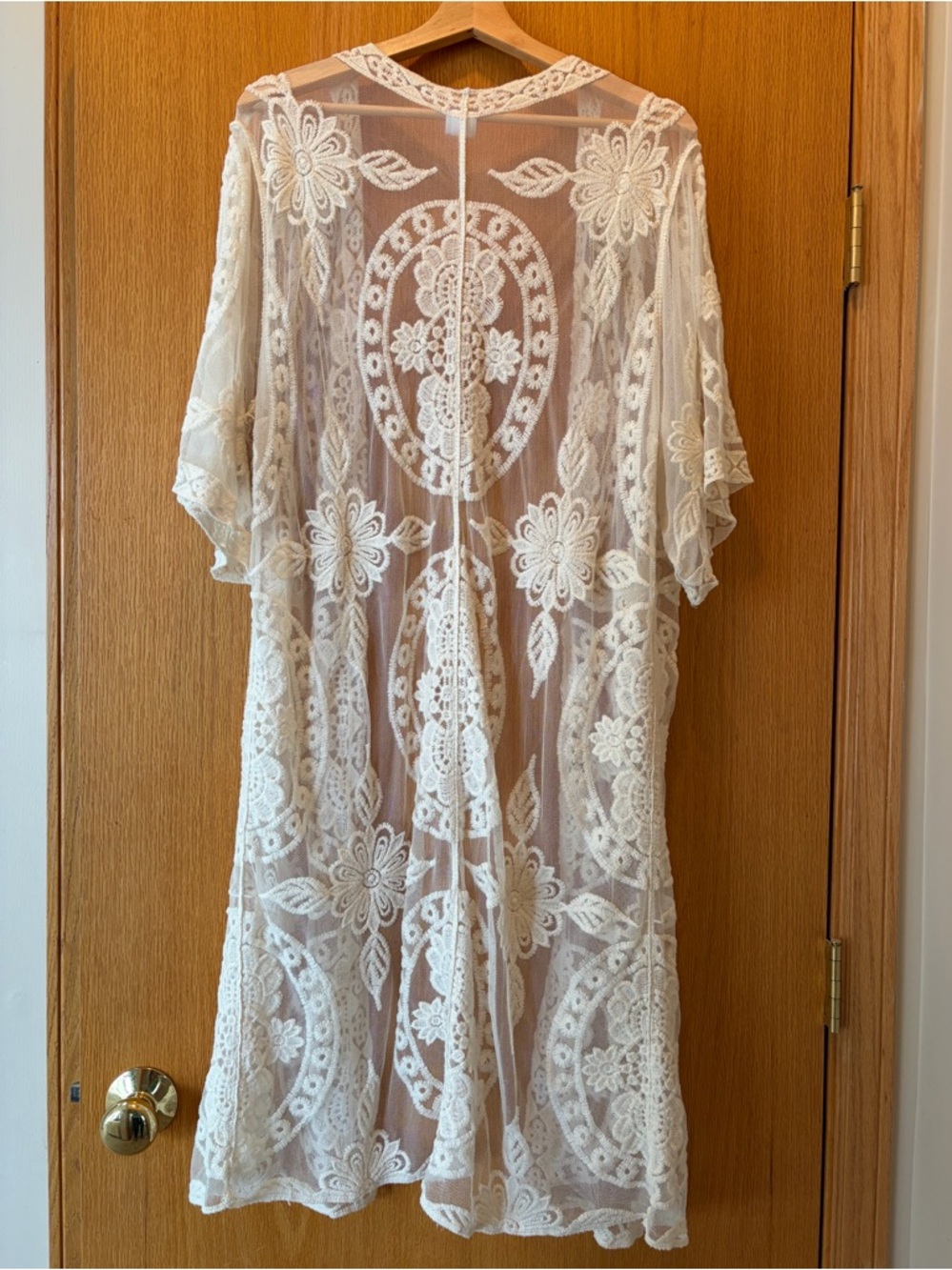 #608 White Lace Crochet Swim Coverup Kimono - Picture 4 of 8